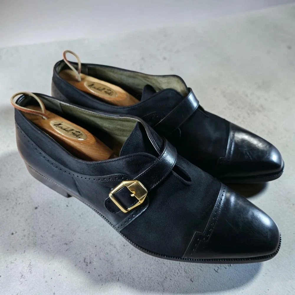 Mamucci Black Leather Suede Strapped Buckle Oxfords Mens 12 Made in Italy